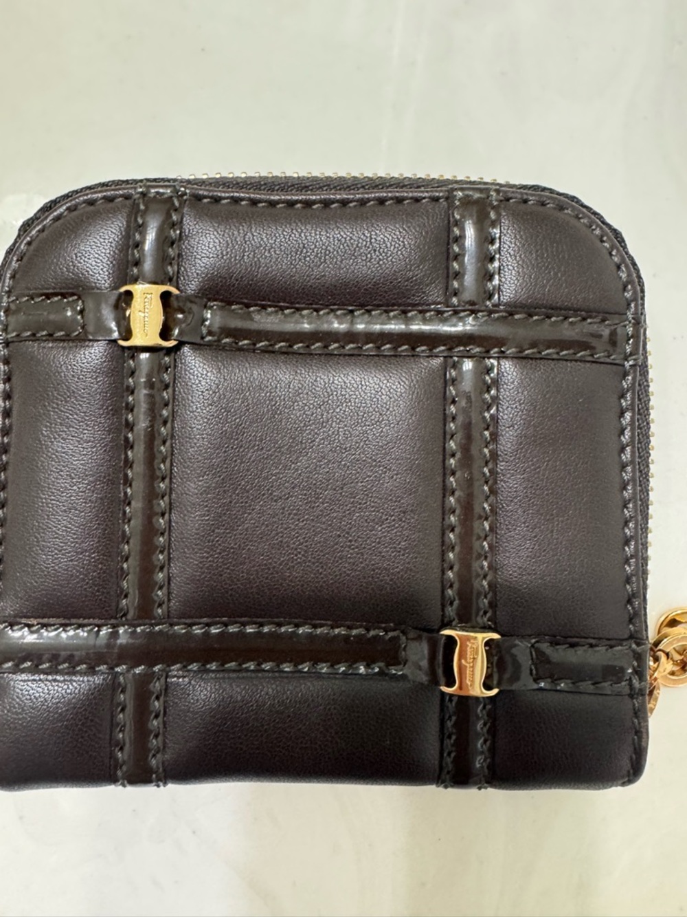 Salvatore Ferragamo Dark Brown Quilted Leather Zip Wallet w/Gold Hardware &COA